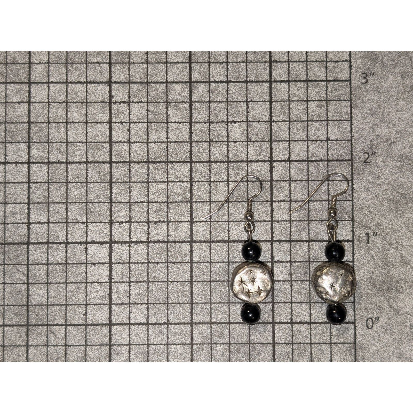 Vintage VTG 1980s Rustic Silver-Tone Disc Black Beaded Drop Earrings Size ONE SIZE - 3 Thumbnail