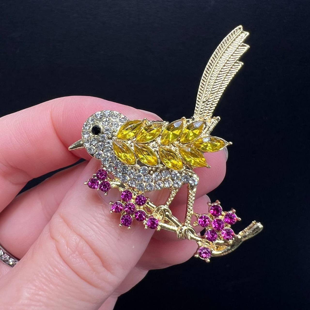 Vintage Bird Brooch Yellow Rhinestone Pin Pink Flower Nature Size ONE SIZE - 1 Thumbnail