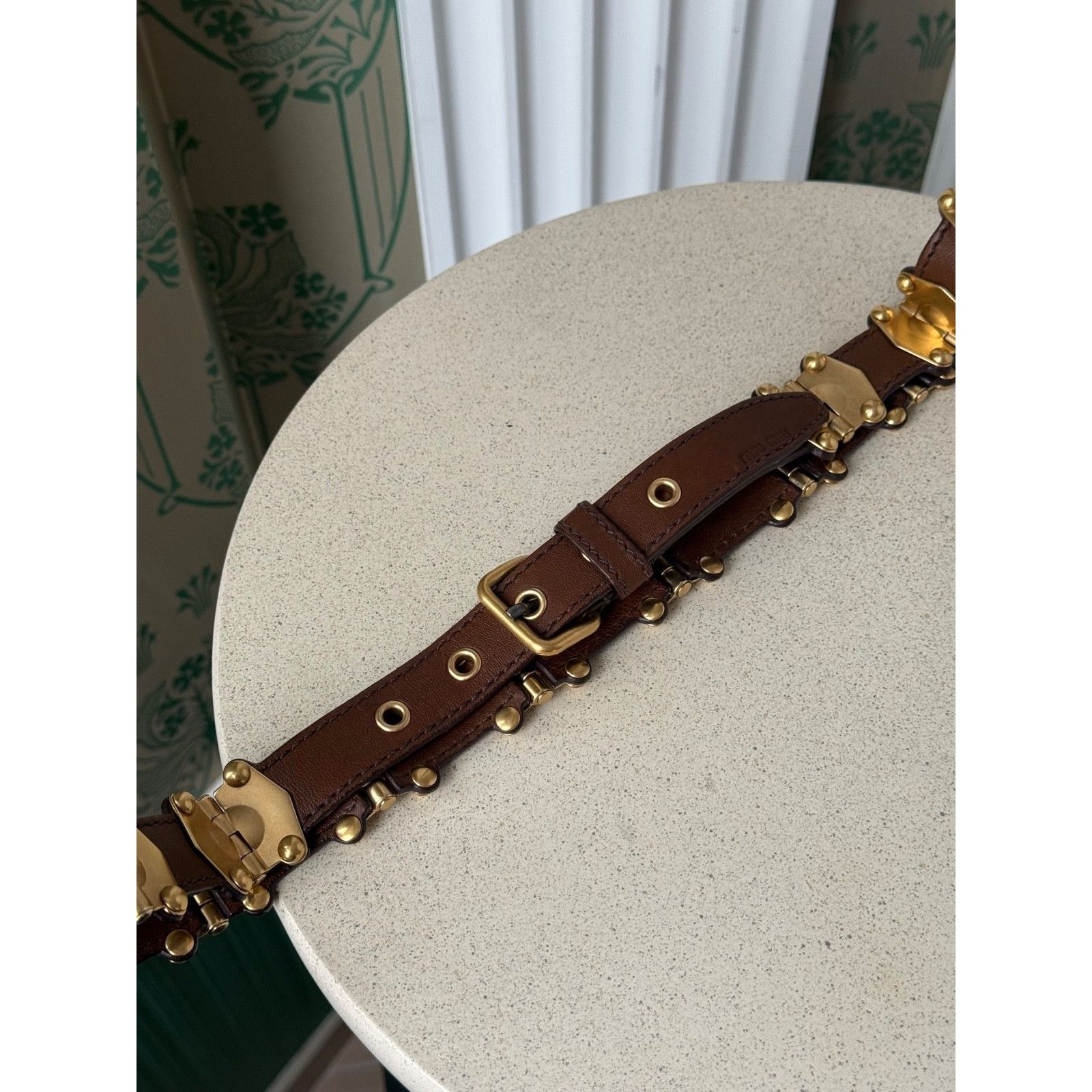 Miu Miu Miu Miu Leather Studded Grommet Buckle Brown Gold Belt 90/36 Size ONE SIZE - 9 Thumbnail