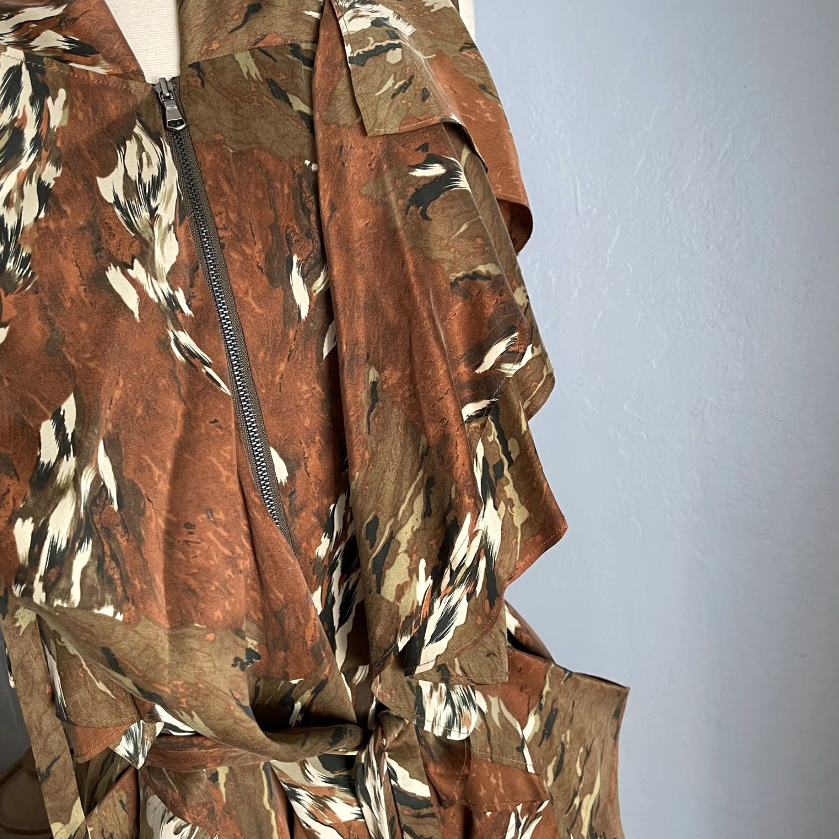 Vintage EDUN Silk Marbled Brown Green Ruffle Overlay Dress Size S Button Front Sleeveless Zip Party/Cocktail Womens Size S / US 4 / IT 40 - 7 Thumbnail
