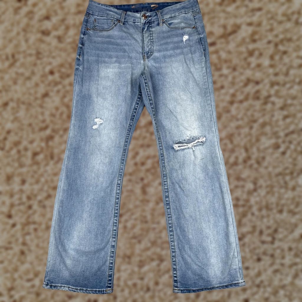 Vintage Seven7 Jeans Womens 14 Tummyless High Rise Slim Bootcut Blue Light Wash 34x31 Pocket Distressed Denim Regular Rise Front Zip Leather Patch Boyfriend** Size 36" / US 14 / IT 50 - 1 Thumbnail