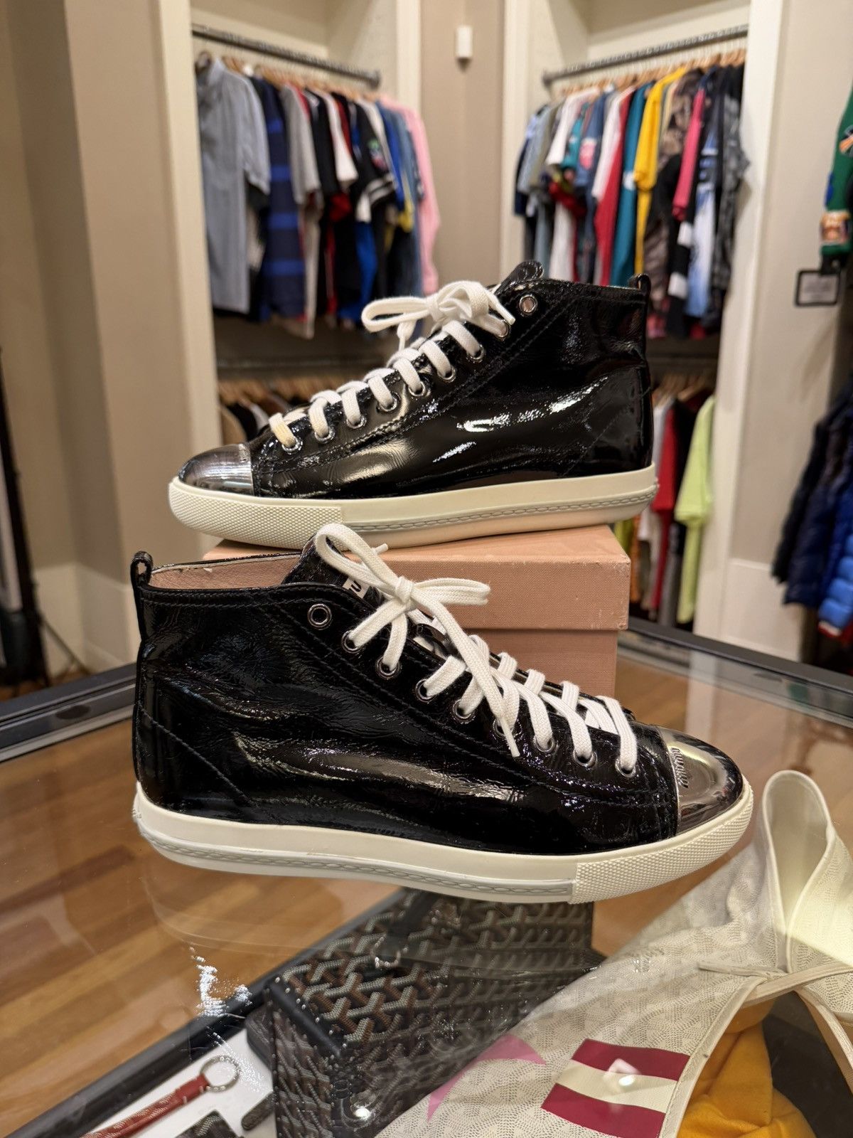 Miu Miu Miu Miu Patent Leather High Top Sneakers Size US 8 / IT 38 - 1 Thumbnail