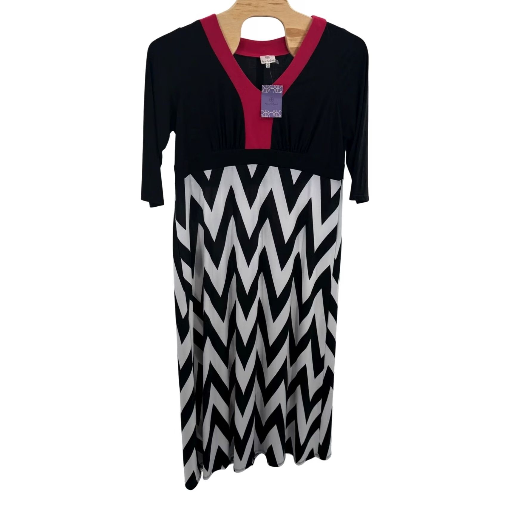 Vintage Hot in Hollywood Dress Chevron Print Midi Casual Career 2X Womens V-Neck 3/4 Sleeve Black Geometric Elegant Workwear Holiday 2X Size XXL / US 16-18 / IT 52-54 - 2 Thumbnail