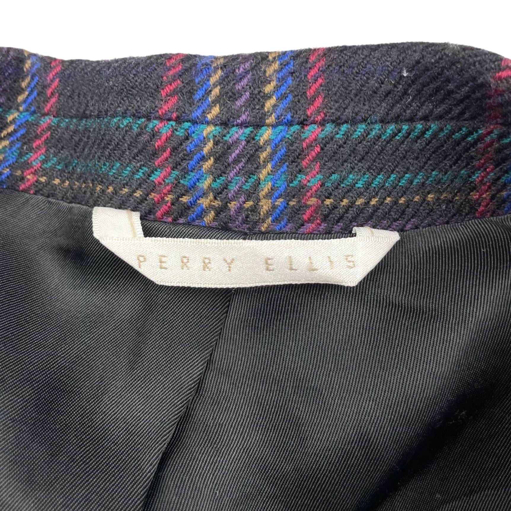 Perry Ellis VTG Perry Ellis Men's 100% Wool Knit Blazer Black Colorful Plaid 44R One-Button Notch Lapel Jacket/Coat Size 44R - 5 Thumbnail