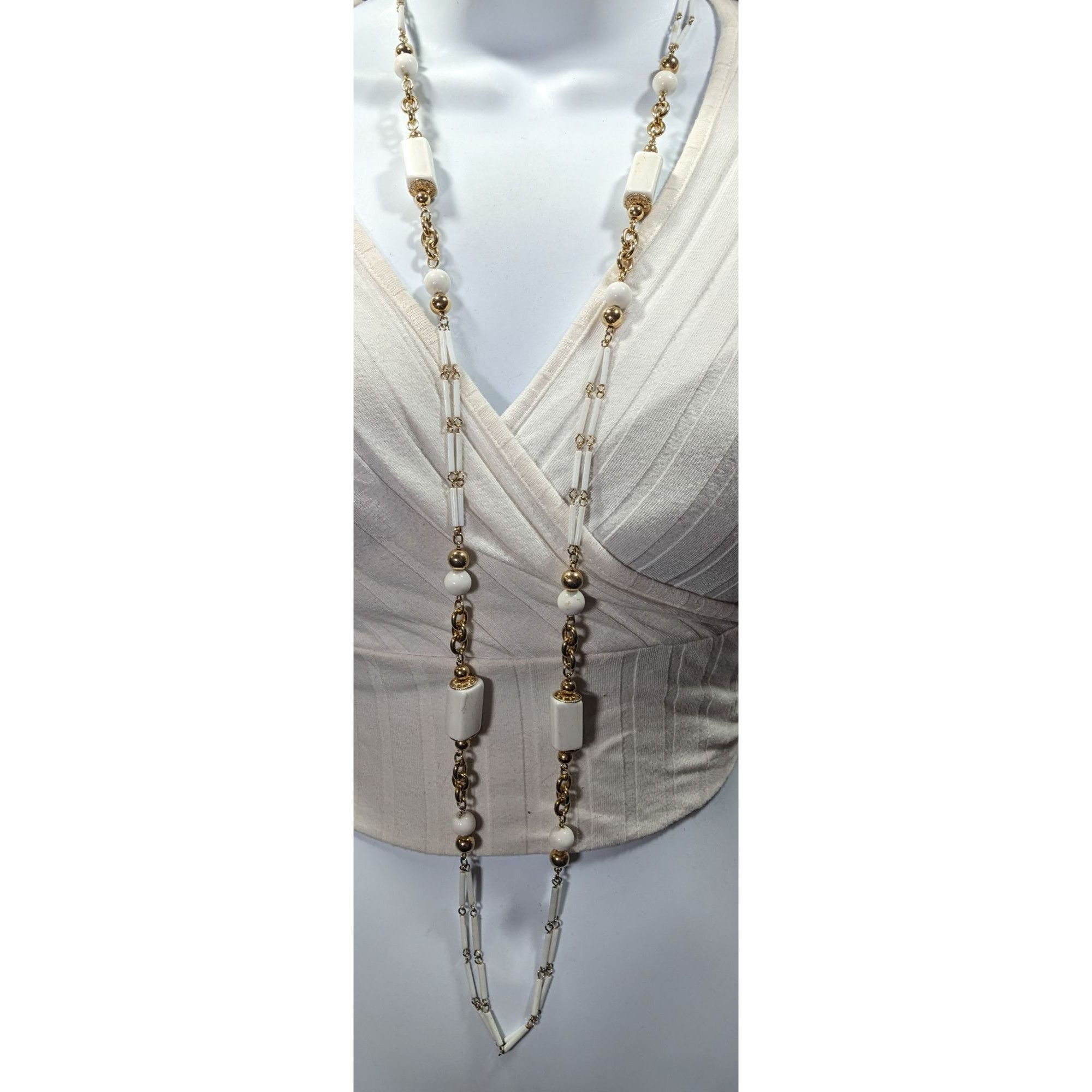 Other Vintage Glam White And Gold Tone Beaded Chain Opera Necklace Size ONE SIZE - 5 Thumbnail