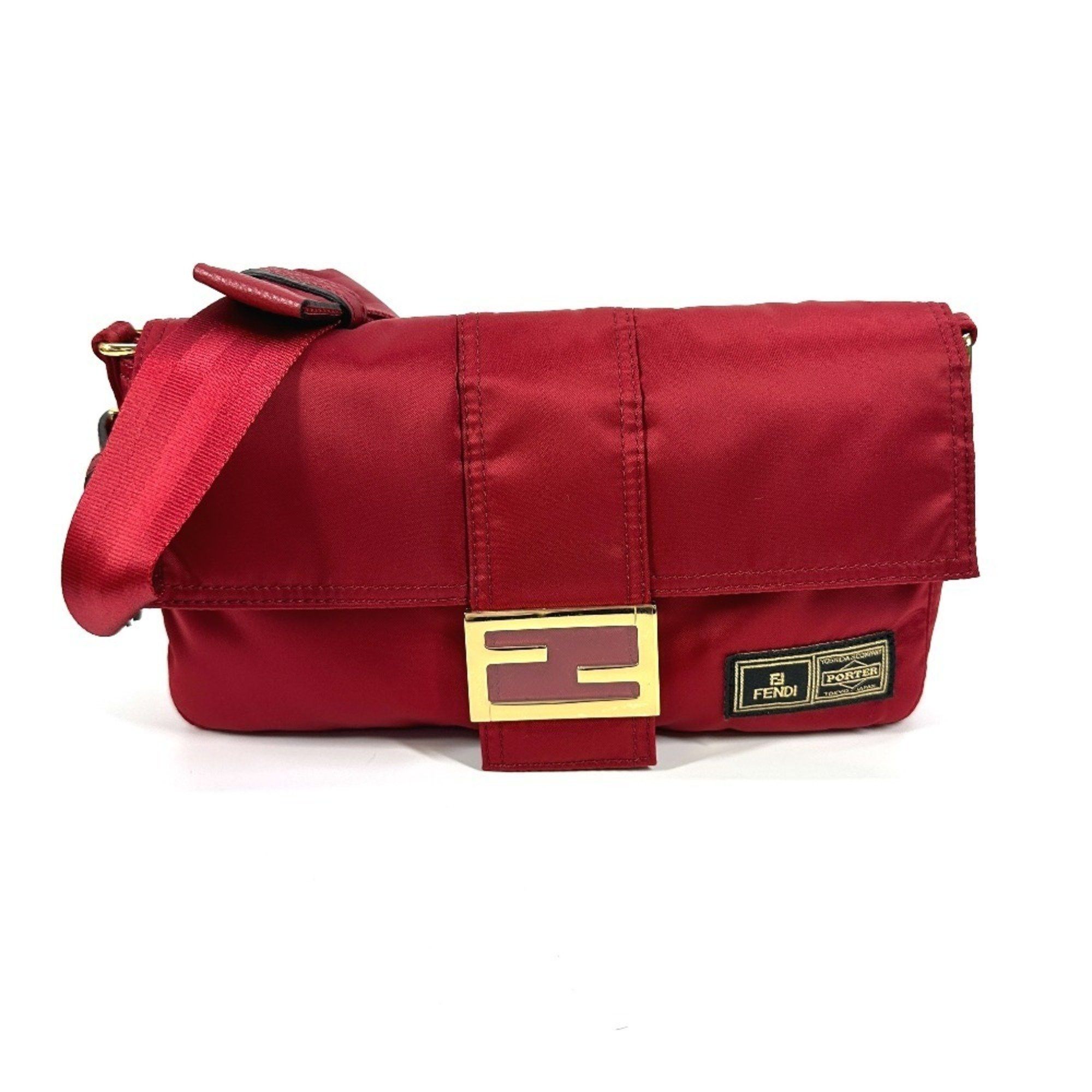Fendi 7Va472 Porter Collaboration Bucket Bag 2Way Crossbody Flap Pochette Shoulder Nylon Women's Red Like New