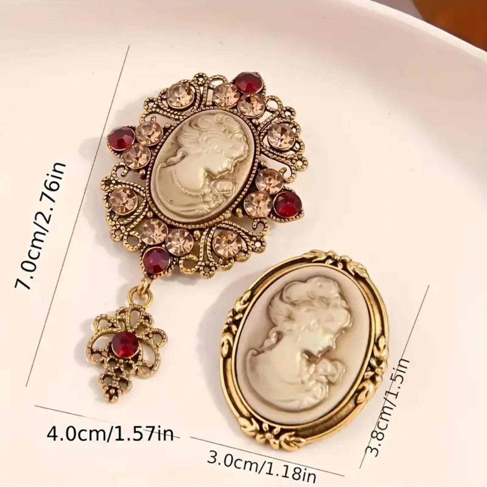 Designer Vintage Inspired Cameo Brooch Set with Red and Gold Accents Size ONE SIZE - 3 Thumbnail