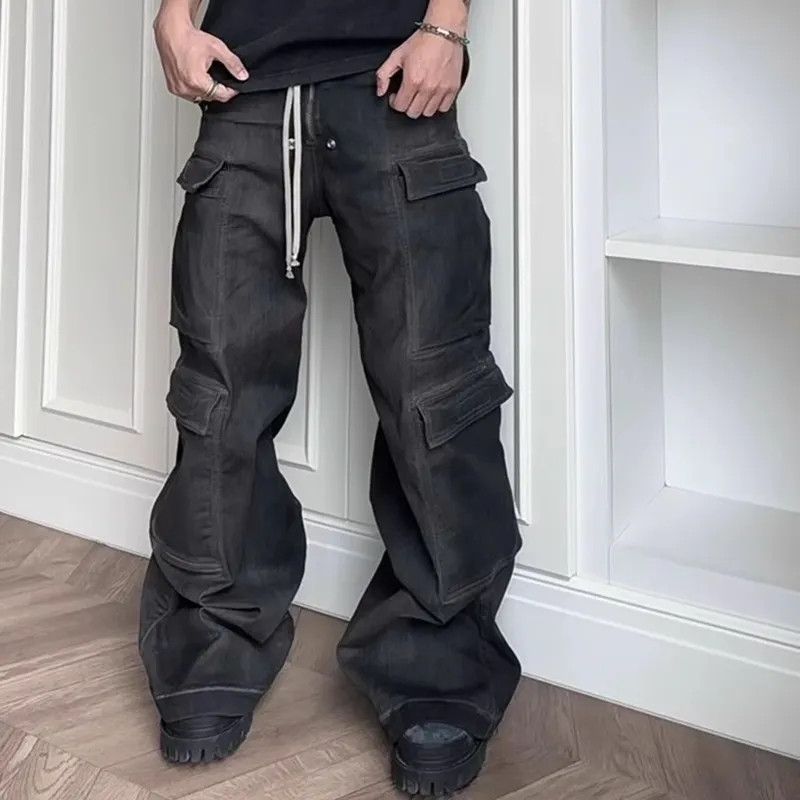 Designer × Japanese Brand × Jean Black Electric Thunder Drawstring Elastic Baggy Cargo Jeans Size US 33 - 1 Thumbnail