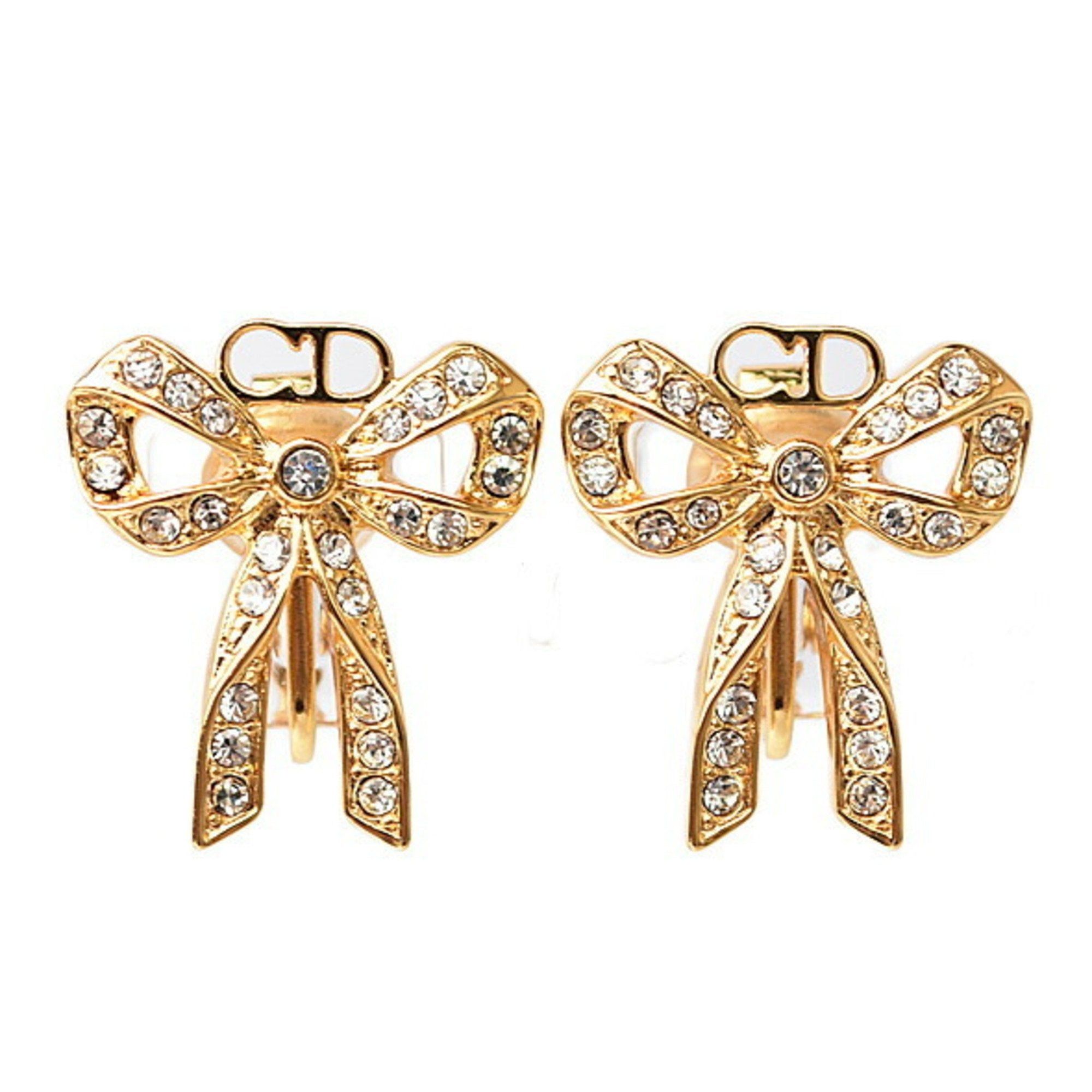 image of Christian Dior Earrings Ribbon Motif Rhinestone Gold, Women's