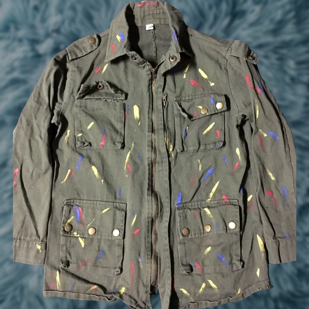 Vintage VINTAGE Se7en paint splatter army jacket S Women Green USA 90s Art Harley Davidson California Punk Western Jacket Size S / US 4 / IT 40 - 1 Thumbnail
