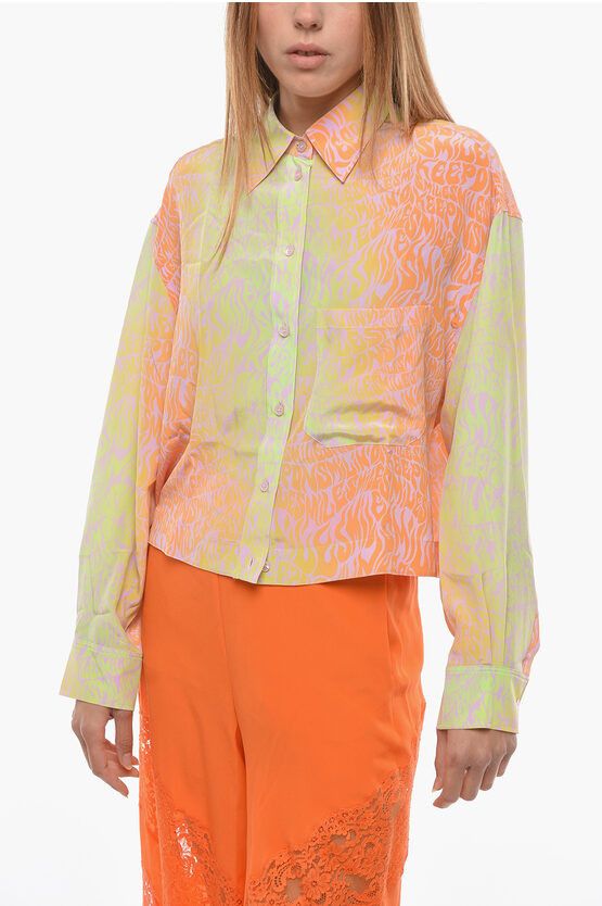 image of Stella Mccartney Monogram Printed Silk Cropped Shirt in Arancio/Verde, Women's (Size XS)