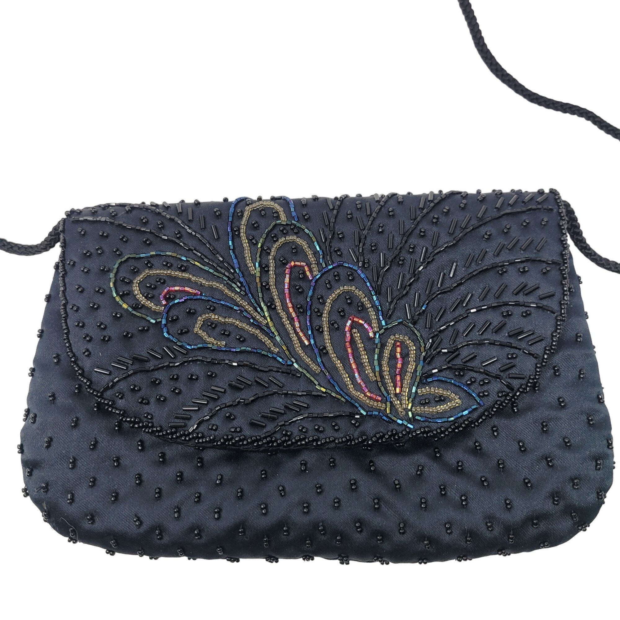 Vintage Vtg Formal Black Satin Beaded Evening Bag Peacock Beaded Size ONE SIZE - 5 Thumbnail