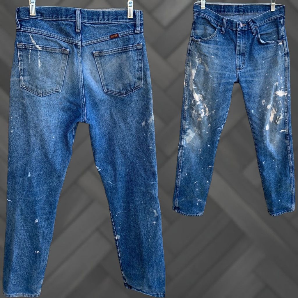Vintage Rustler Jeans Distressed Paint Spots Faded 30 X 32 32 X 32 Denim Cotton Belt Loops 5-Pocket Men Jeans Cowboy Theme Mens Size US 32 / EU 48 - 1 Thumbnail