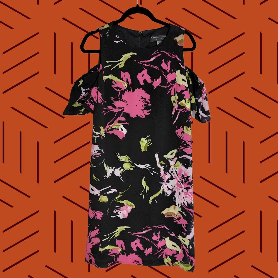 Madison TAHARI-LEVINE STUDIO Floral Cold Shoulder Dress Knee Length Size 10 Black Knit A-Line Short Sleeve Crew Neck Lined Polyester VINTAGE No Women"} Size L / US 10 / IT 46 - 1 Thumbnail