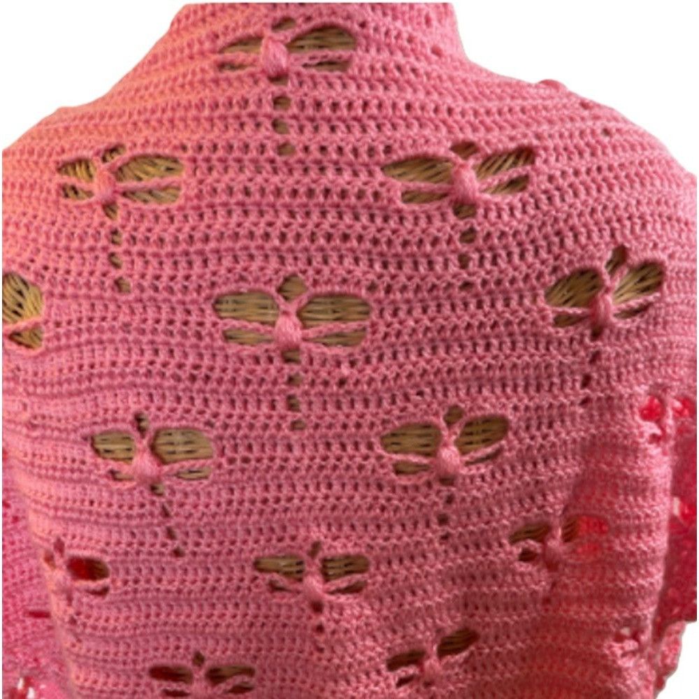 Handmade Crochet Shawl Cowl Wrap Dragonfly Cut Outs Pink 78" x 35" Ac Size ONE SIZE - 4 Thumbnail