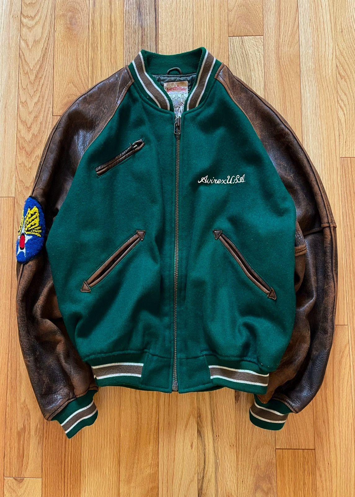 image of 1990S Avirex Usa Forest Green Wool/leather Bomber Jacket, Men's (Size XL)