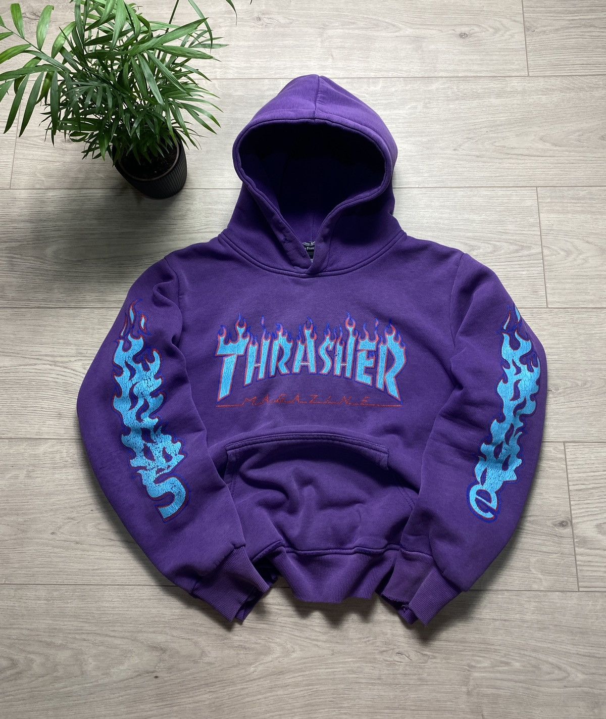 Japanese Brand Thrasher Vintage Supreme thrasher flame logo hoodie purple turquoise faded Grailed