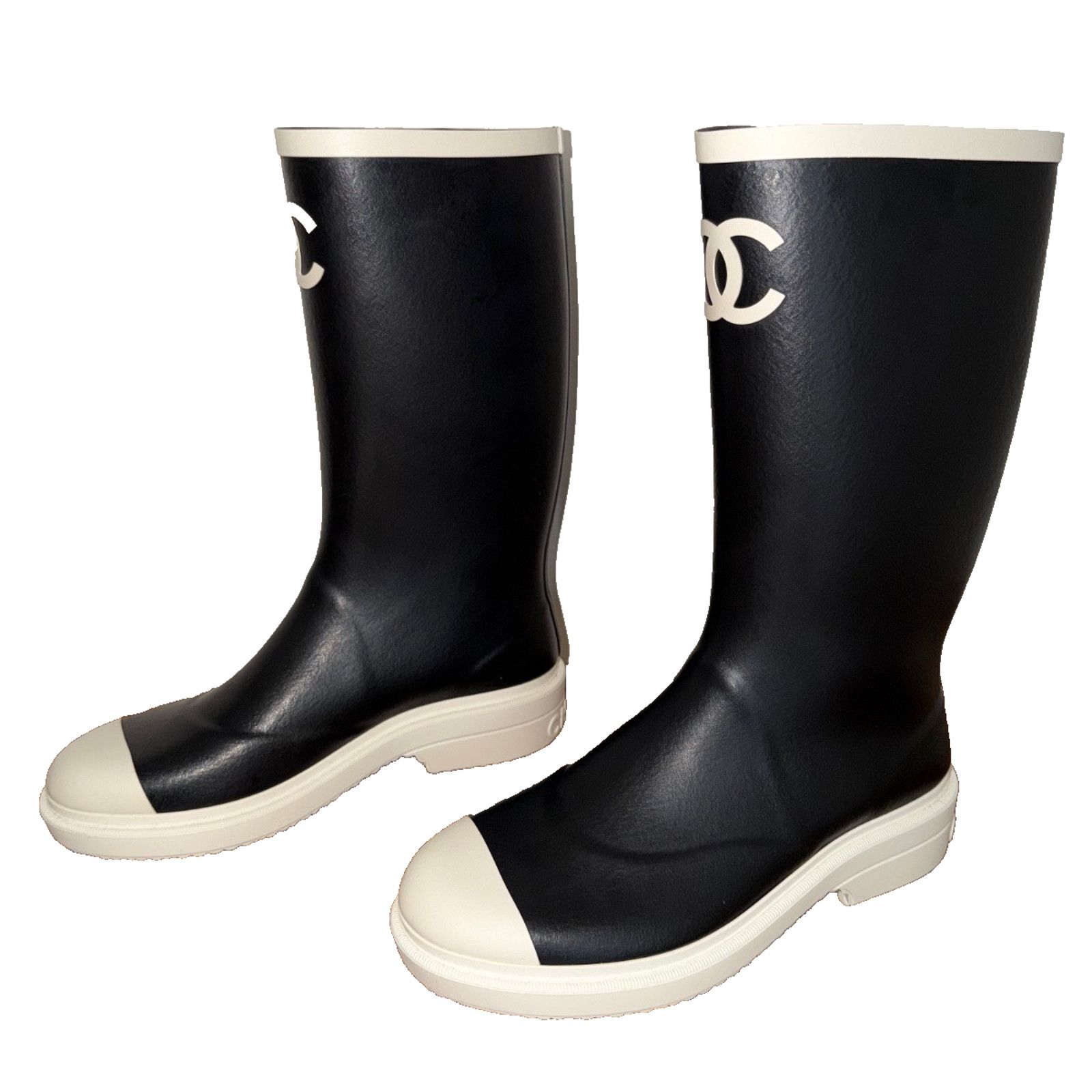 Chanel Chanel Black White CC Logo High Pull On Rubber Rain Boots 42 Size US 12 / IT 42 - 13 Thumbnail