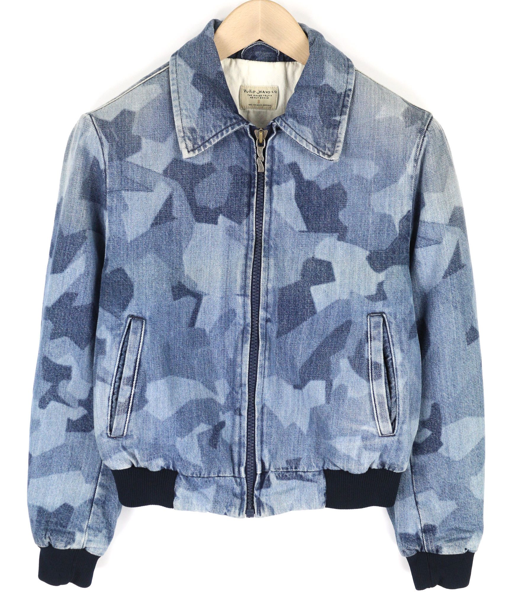 Nudie Jeans GUDRUN CAMO DENIM S Blue Cotton Bomber Jacket 81103 Size S / US 4 / IT 40 - 1 Thumbnail