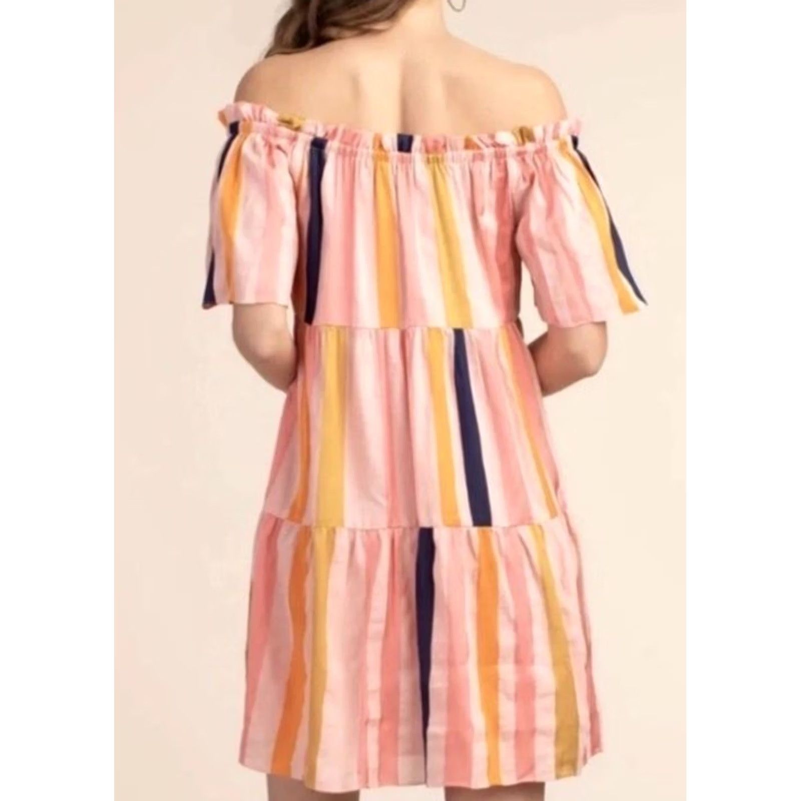 Trina Turk Trina Turk Dress Womens 6 Pink Italian Cabana Striped Linen Blend Off The Shoulder Size M / US 6-8 / IT 42-44 - 2 Thumbnail