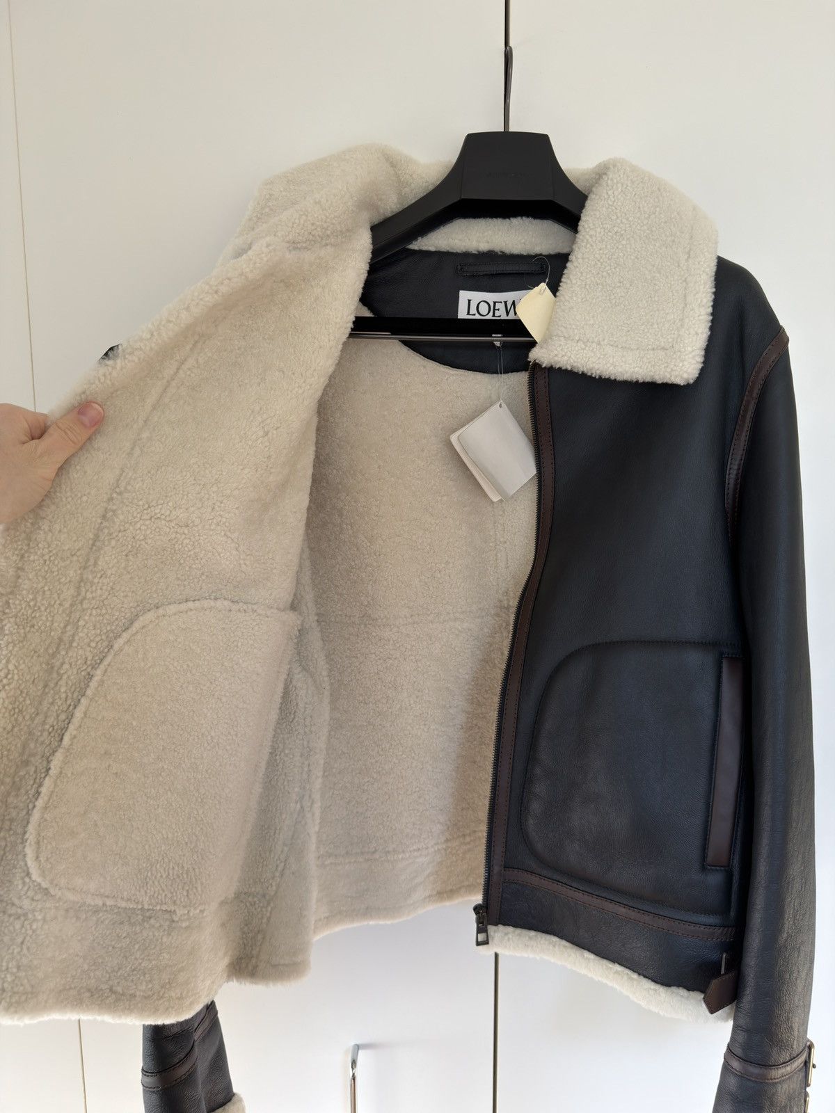 Loewe BNWT Shearling-lined Leather Aviator Jacket Navy Cream 54 Size US XL / EU 56 / 4 - 9 Thumbnail