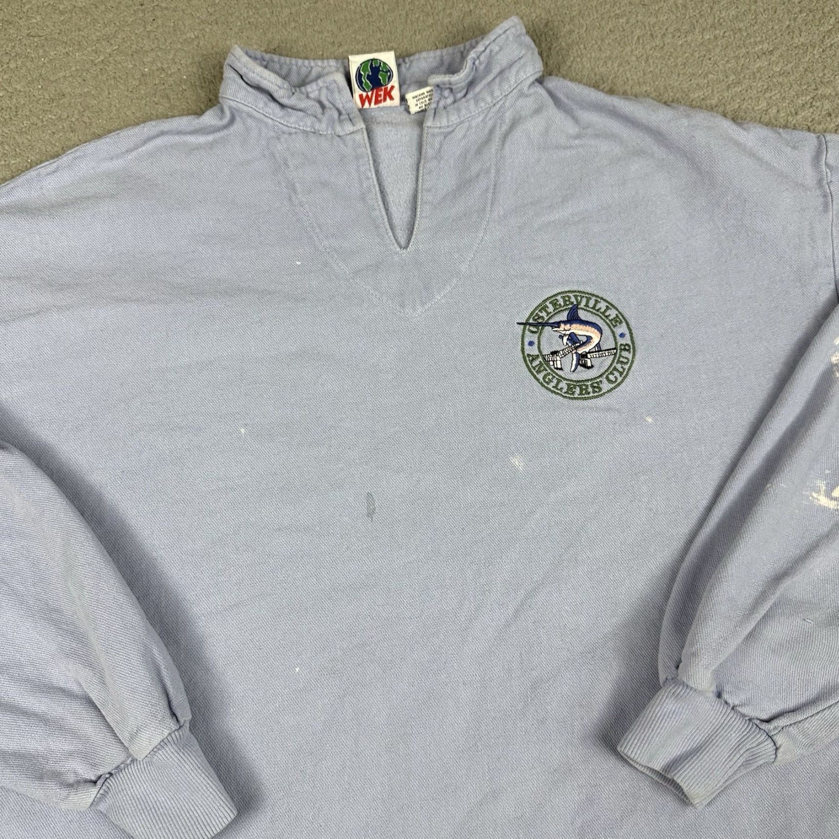 Vintage VINTAGE WEK Sweatshirt Mens M Blue USA Anglers Club 80s 90s Nautical Marine Outdoor Fishing Pattern Embroidered Pullover Mock Neck All Seasons Size US M / EU 48-50 / 2 - 2 Thumbnail