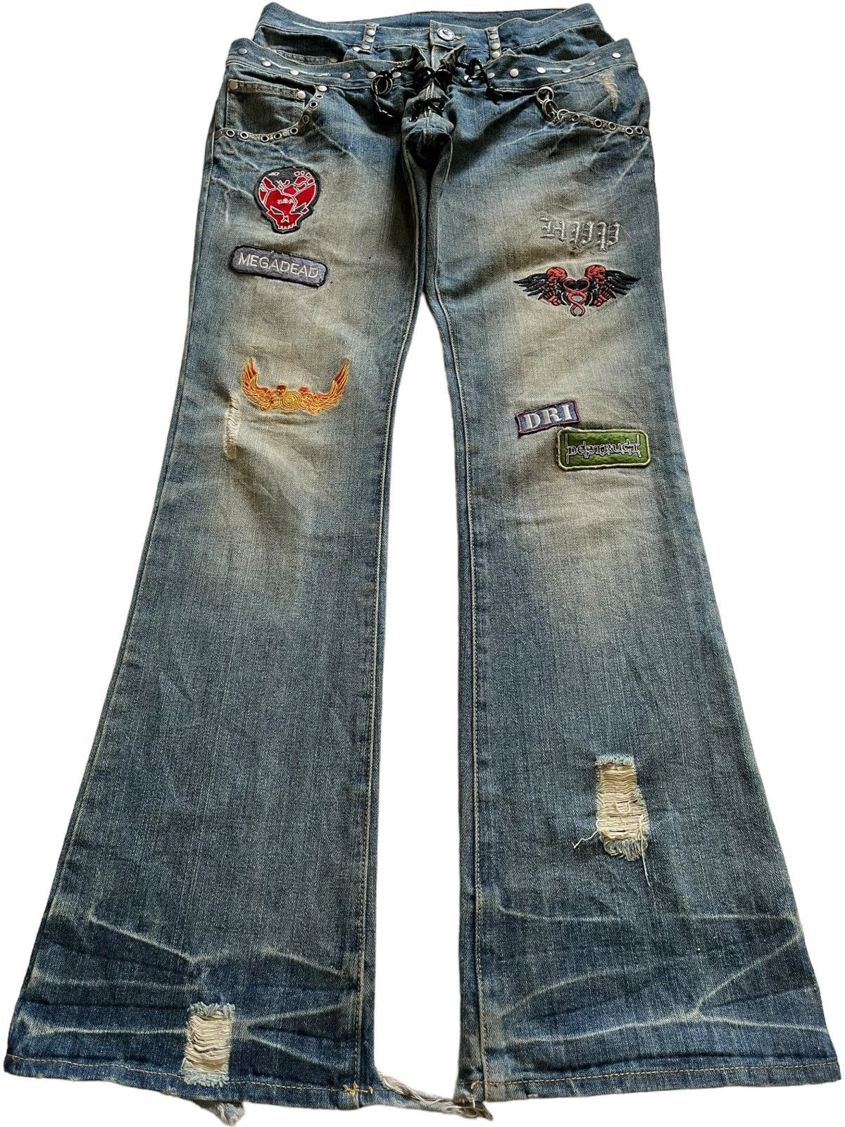 Seditionaries Vintage Japanese Laced Up Double Waist Mud Wash Flare Jeans Size US 30 / EU 46 - 1 Thumbnail