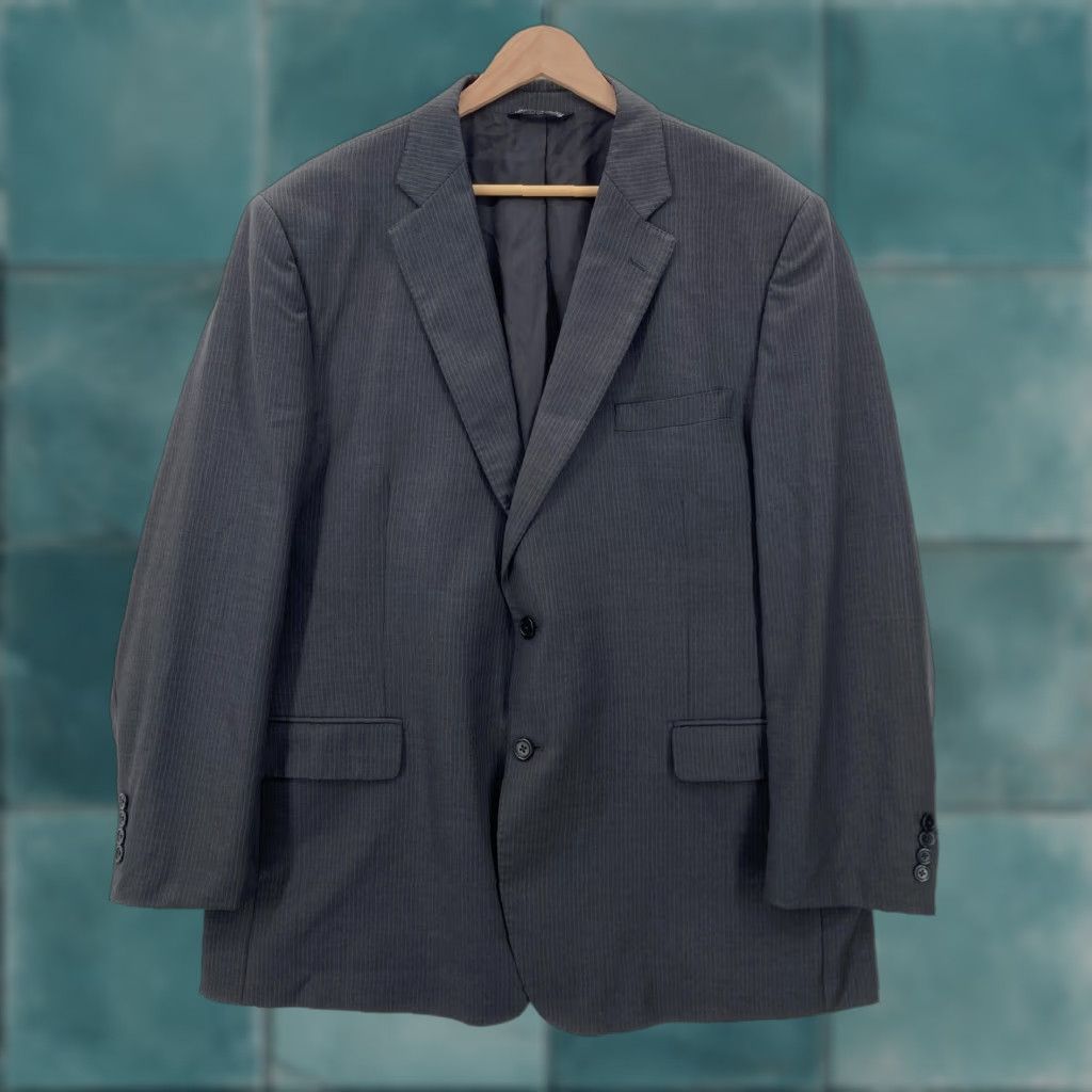 Saks Fifth Avenue VINTAGE BLACK Saks Fifth Avenue Blazer Mens 48R Gray Wool Pinstripe Zegna Jacket Notch Lapel Two-Button Classic 2 Piece Suit Jacket Size 48R - 1 Thumbnail