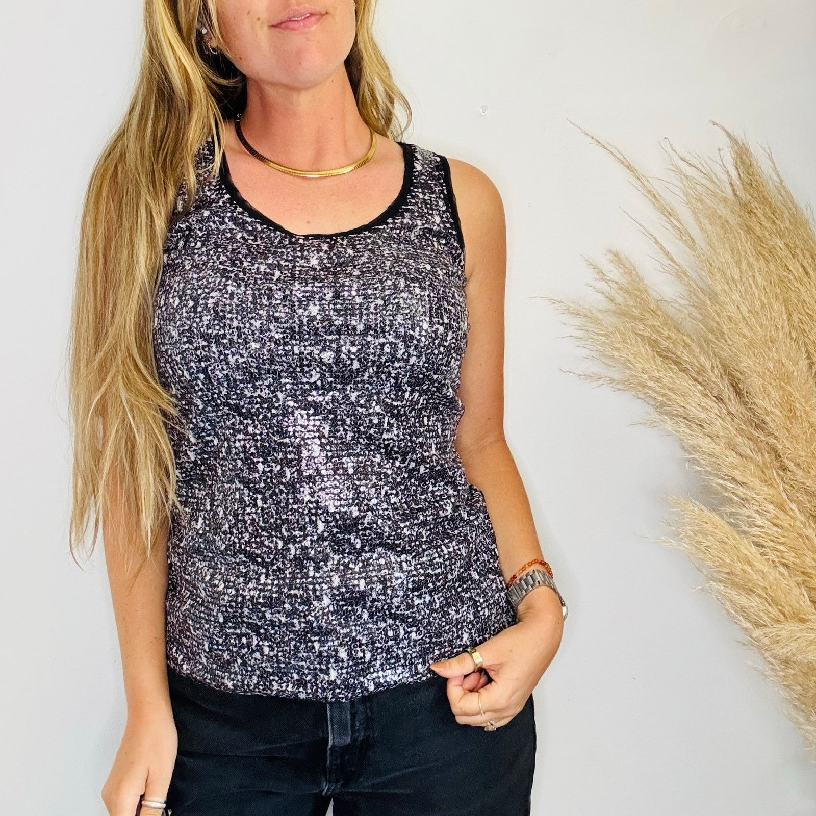 Ann Taylor ANN TAYLOR Black White Sequin Mesh $88 Tank Top Blouse Shirt Size S / US 4 / IT 40 - 10 Thumbnail