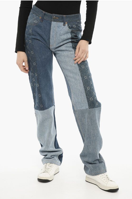 image of Marine Serre White Line Two-Tone Jeans With Side Print 20Cm in Blue, Women's (Size 26)