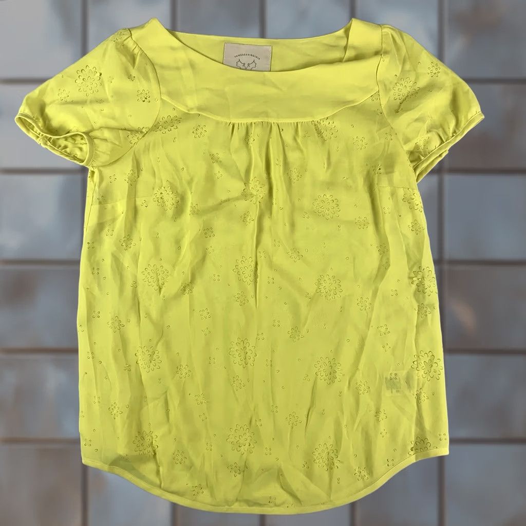 Anthropologie Vanessa Virginia Top Blouse Shirt Women's sz 2 Yellow Short sleeve Flutter Sleeve Ruffle Bohemian Colorful Lightweight 100% Polyester Size XS / US 0-2 / IT 36-38 - 1 Thumbnail