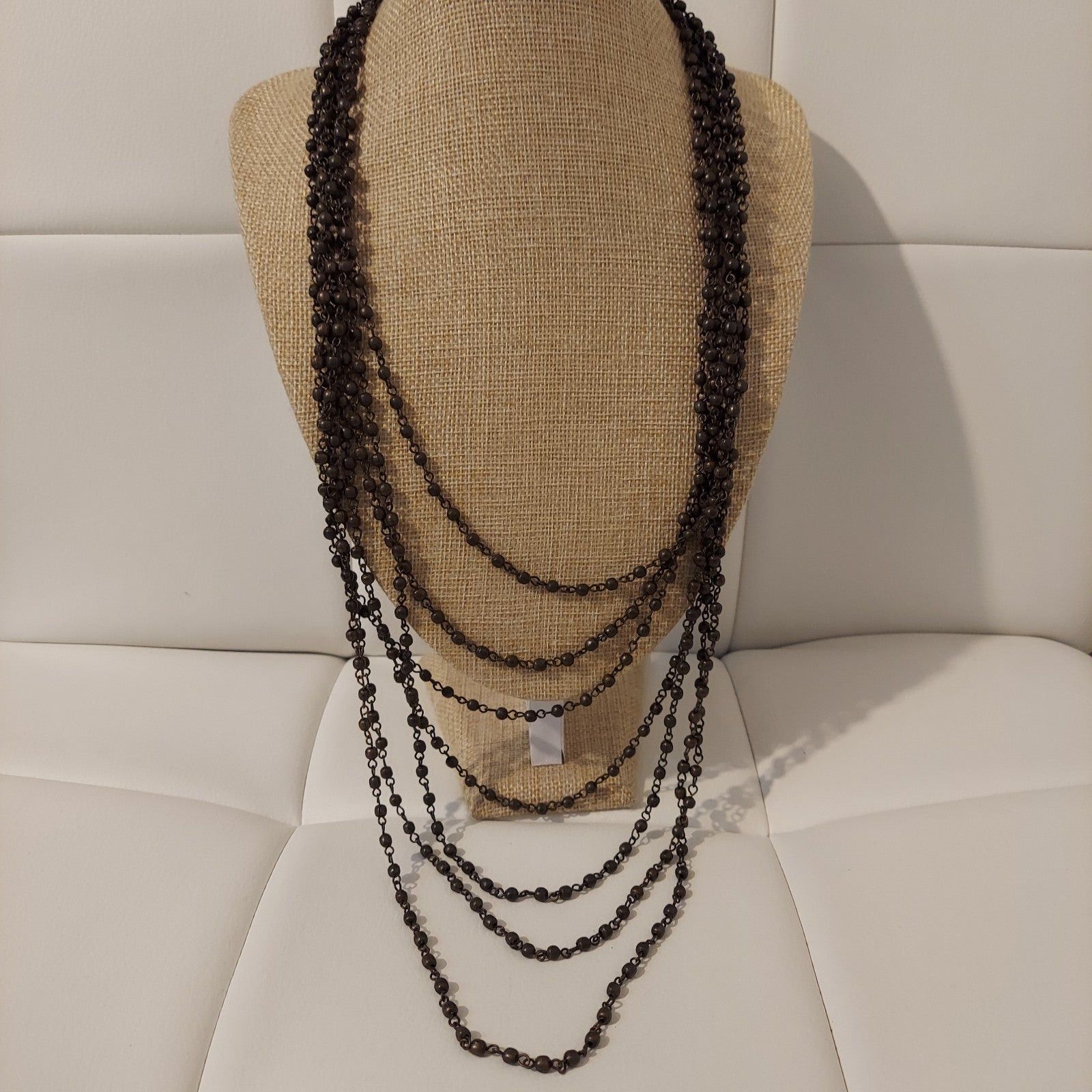 image of Antique Brass And Steel Balls Beaded 7-Strand 24" Necklace in Grey, Women's