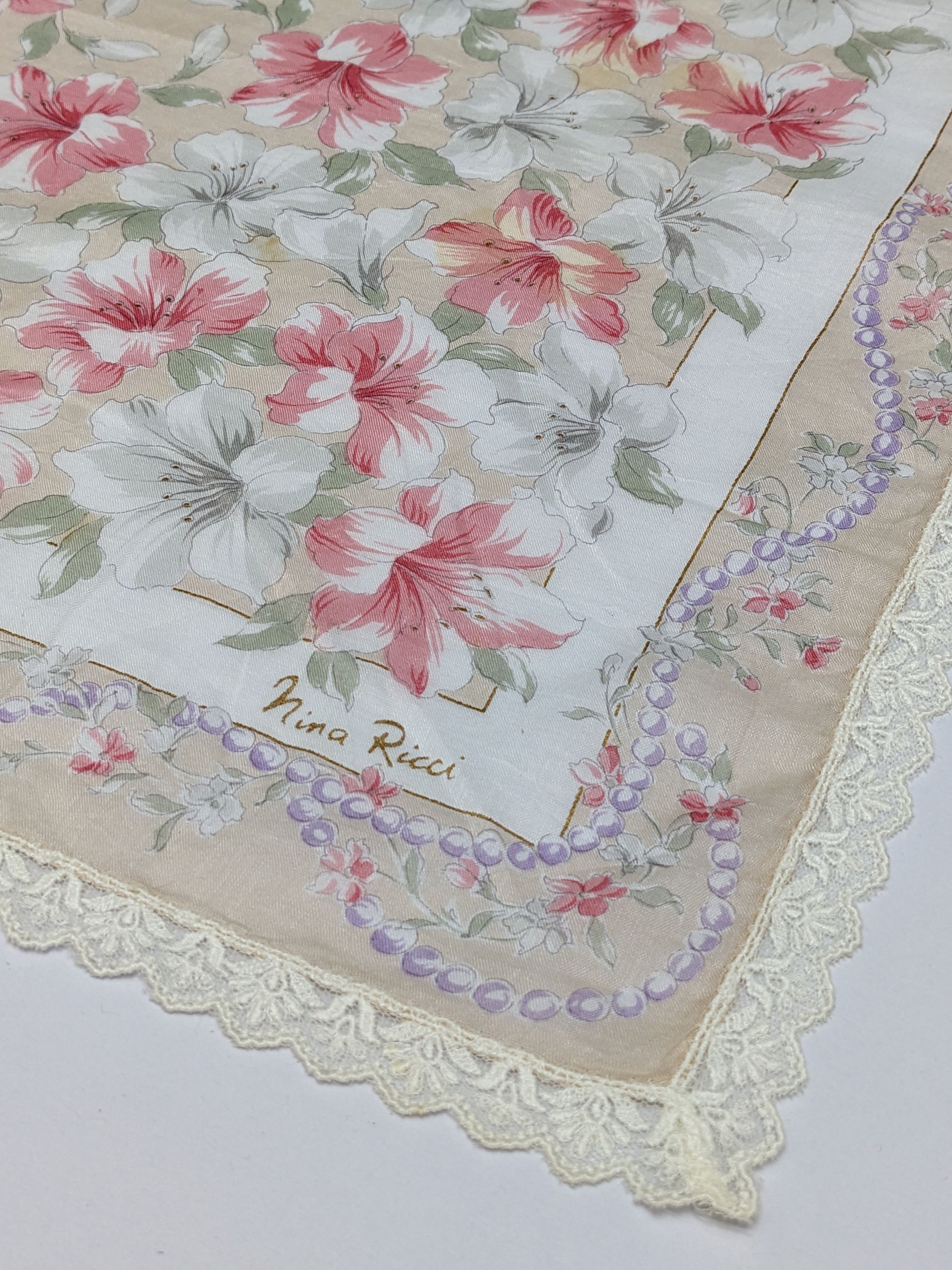 Nina Ricci Nina Ricci Paris Designer Handkerchief Pearl Motif & Floral Size ONE SIZE - 2 Thumbnail