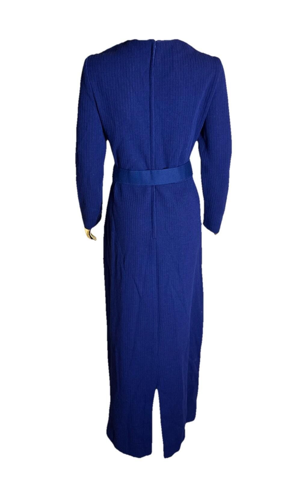 Other Vintage Royal Blue Ribbed Knit Maxi Dress Long Sleeve Belted Size M / US 6-8 / IT 42-44 - 2 Thumbnail