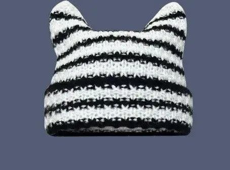 Japanese Brand Takako x Yumi Cat Ears Striped Knitted Beanie Hat Size ONE SIZE - 1 Thumbnail