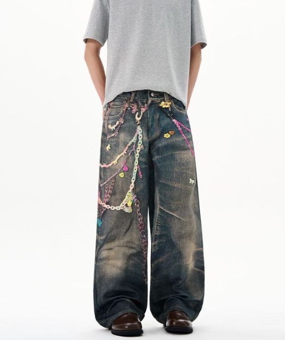 Vintage American-style men's wide-leg digital print denim jeans Size US 32 / EU 48 - 1 Thumbnail