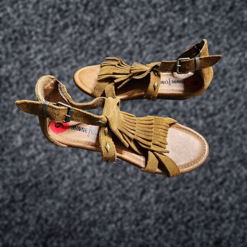 Minnetonka Minnetonka Womens Sandal Size 6 Brown Leather Fringed Low Wedge Ankle Strap Open Toe Shoes Woman Buckle Size US 6 / IT 36 - 1 Thumbnail