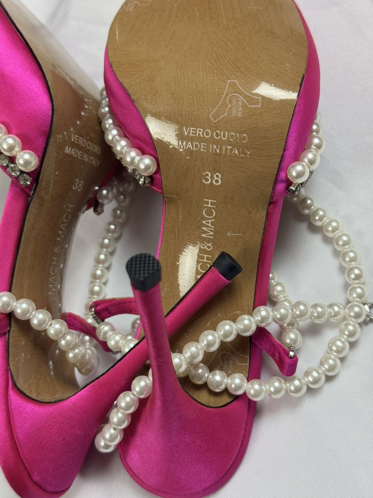 MACH & MACH Crystal Embellished Leather / Satin Pumps Pearl Lace Ties 38 Size US 7 / IT 37 - 6 Thumbnail