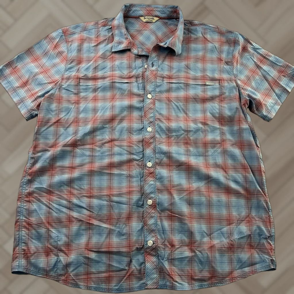 Vintage SIMMS Short Sleeve Plaid Nylon Button-Up Shirt Men's XL Blue Red Size US XL / EU 56 / 4 - 1 Thumbnail