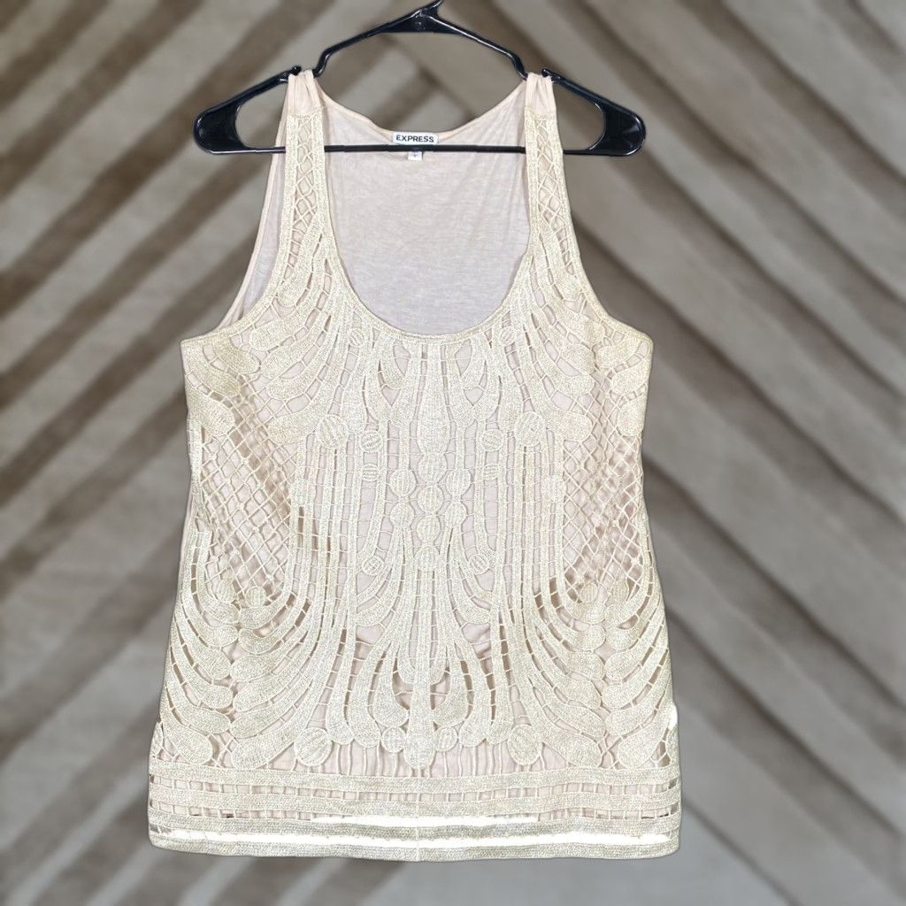 Express Express Womens Tank Tan Metallic Embroidered Scoop Neck Stretch Large Size L / US 10 / IT 46 - 1 Thumbnail