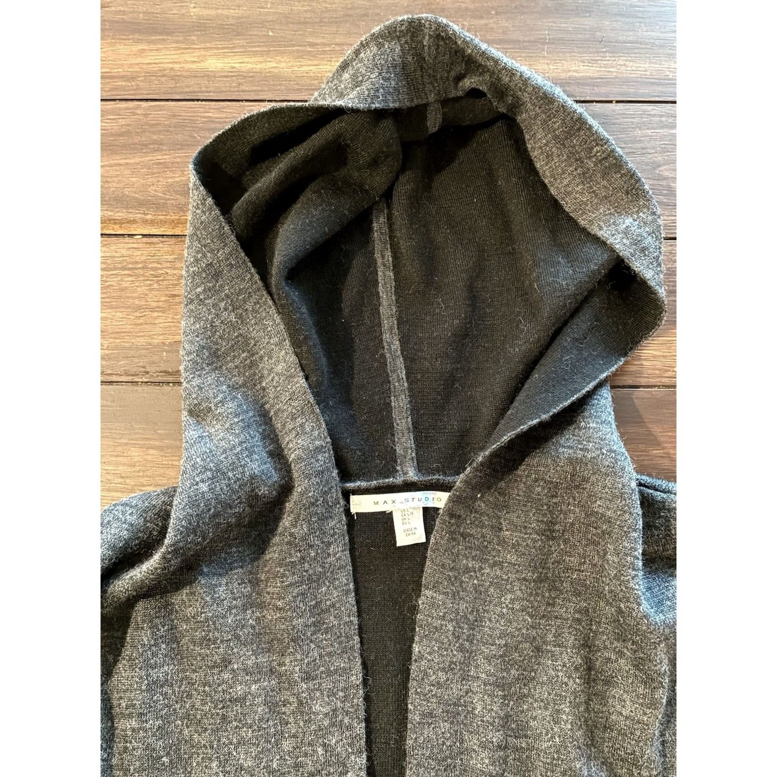Vintage MAX STUDIO Wool Blend Hooded Long Duster Cardigan Open Front Charcoal Grey Large Size L / US 10 / IT 46 - 4 Thumbnail