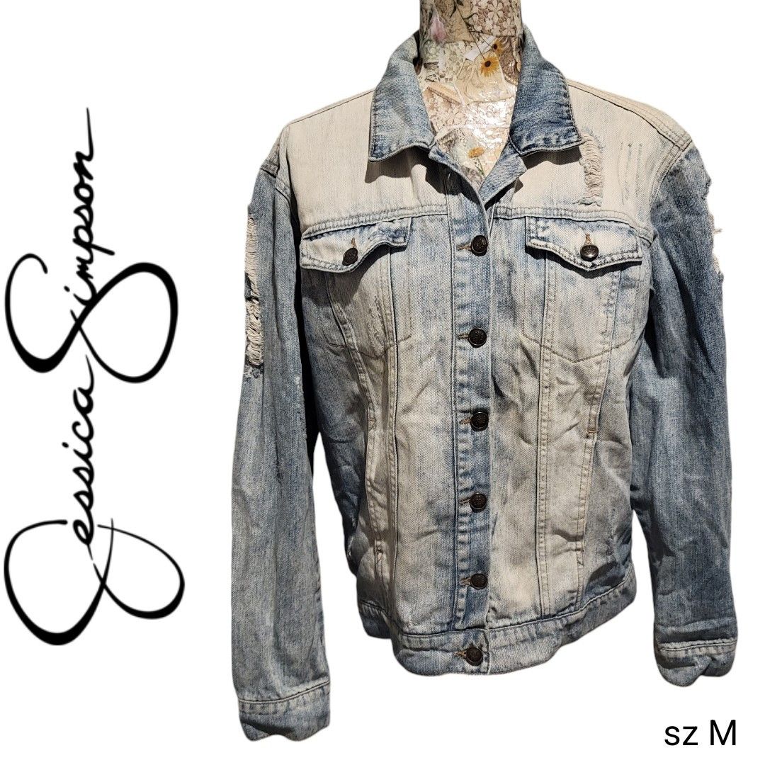 Jessica Simpson Jessica Simpson Distressed Faded Blue Denim Jean Jacket Size M / US 6-8 / IT 42-44 - 1 Thumbnail