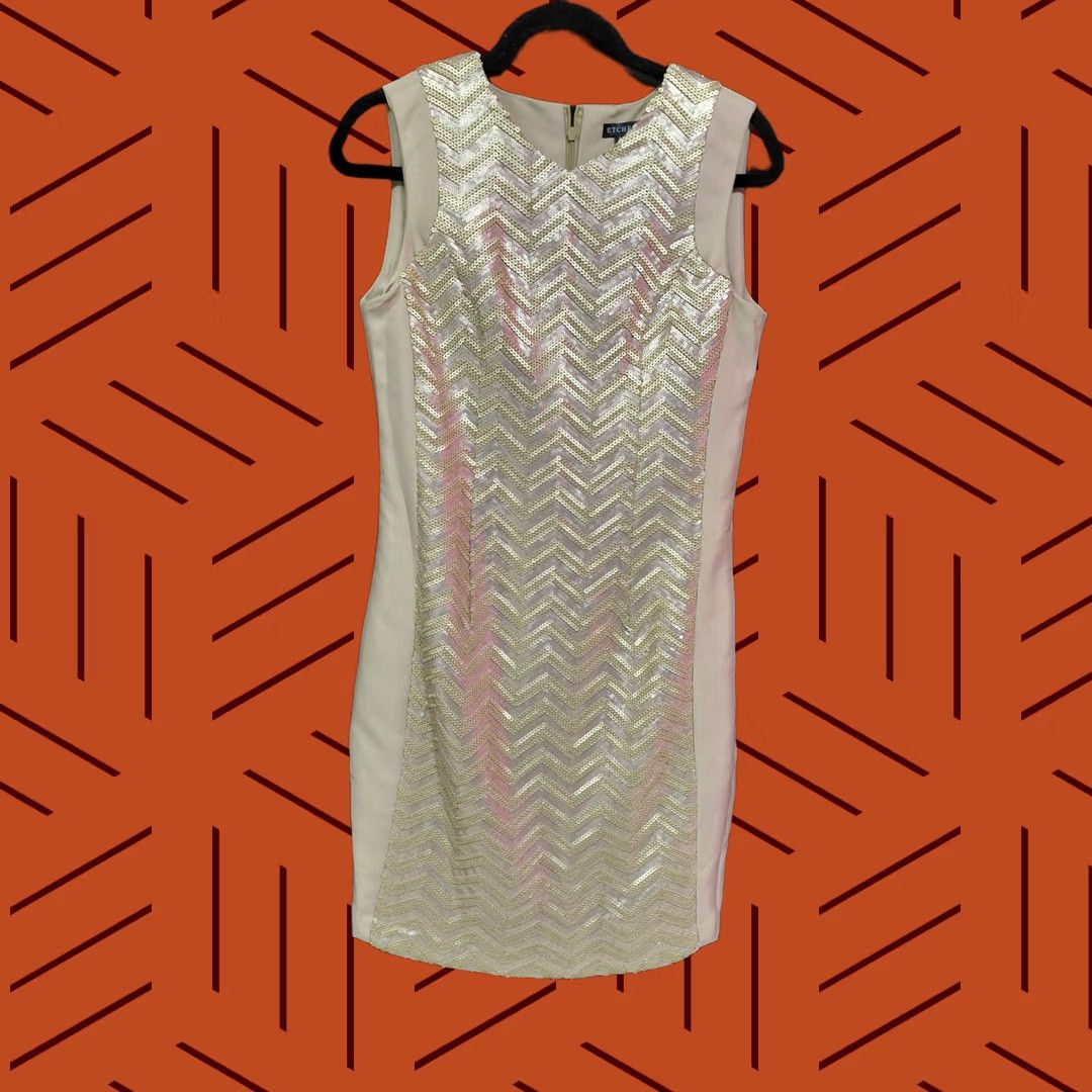 Vintage ETCHED Sequin Chevron Crew Neck Sheath Sleeveless Dress Beige Size M Women Size M / US 6-8 / IT 42-44 - 1 Thumbnail