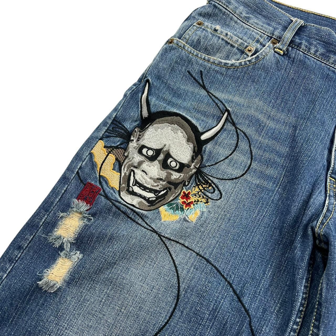 Karakuri Tamashii Karakuri Tamashii Embroidered Oni Mask Denim Shorts Waist 33 Size US 33 - 4 Thumbnail