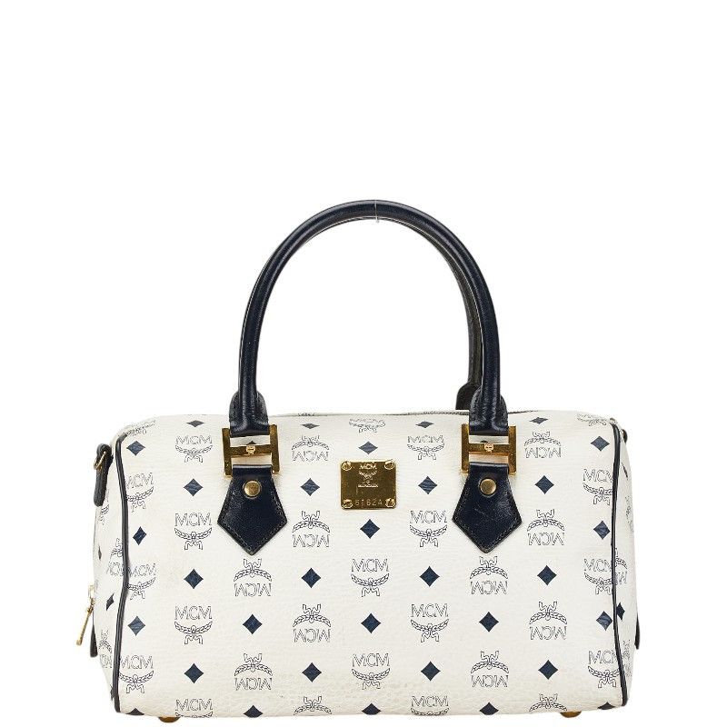 MCM MCM MCM Visetos Logo PVC Leather Handbag Tote White Navy Canvas Tote Bag in Very Good Condition Size ONE SIZE - 1 Thumbnail