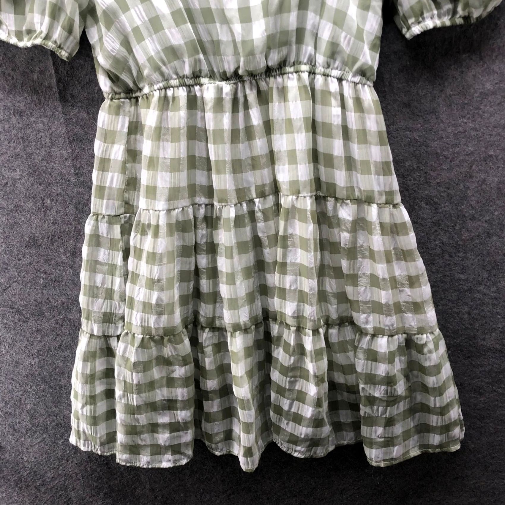Vintage Mine Square Neck Chiffon Mini Dress M Sage Green Gingham Puff Sleeve Tiered Women Short Sleeve Spring Summer Casual Formal Party/Cocktail | MINE Dress Size M / US 6-8 / IT 42-44 - 4 Thumbnail