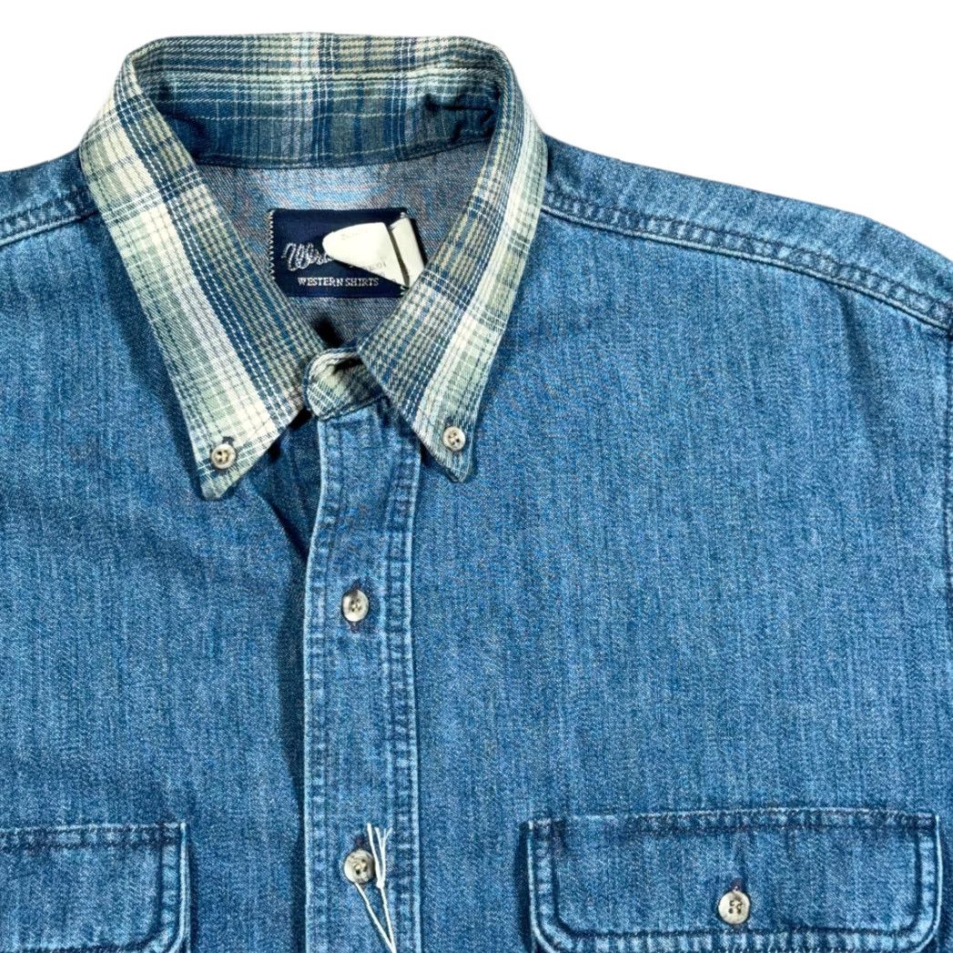 Wrangler VINTAGE Wrangler Shirt Adult MEDIUM Blue Denim Gold Buckle Deadstock Tags 90s Size US M / EU 48-50 / 2 - 2 Thumbnail