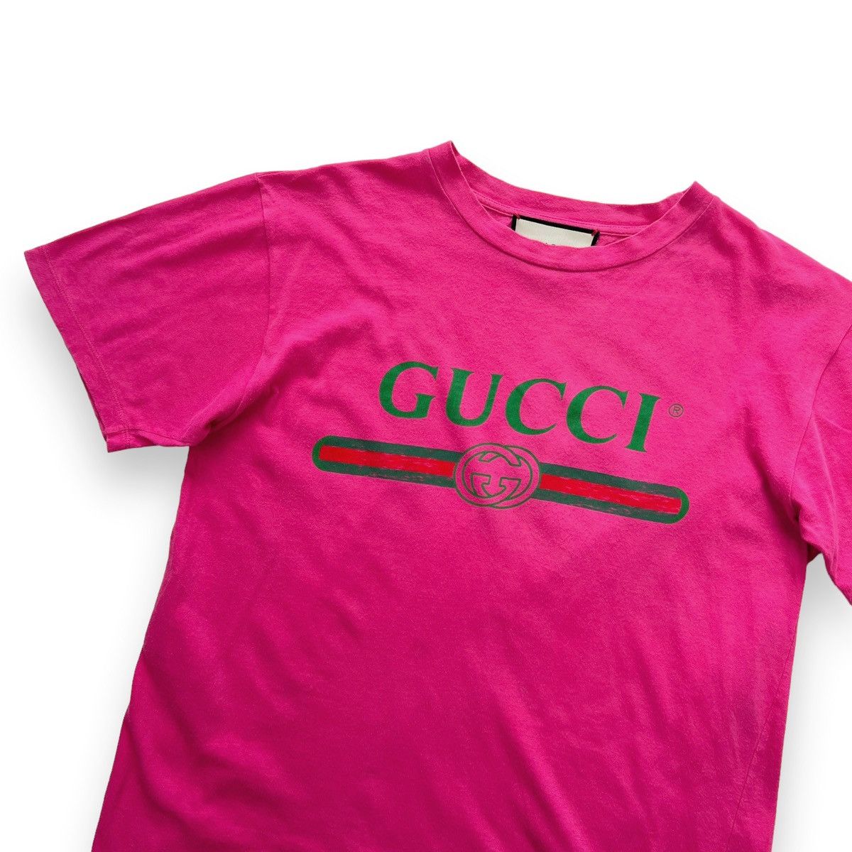 Image of Gucci Printed Logo Pink T Shirt, Men's (Size XS)