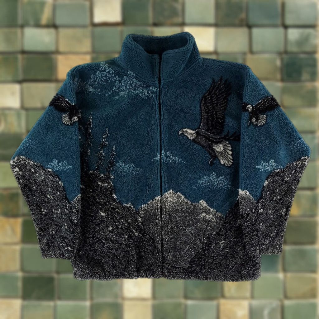 Vintage BLACK MOUNTAIN Patterned Fleece Full Zip Jacket Eagles Mountains Blue Mens M Size US M / EU 48-50 / 2 - 1 Thumbnail