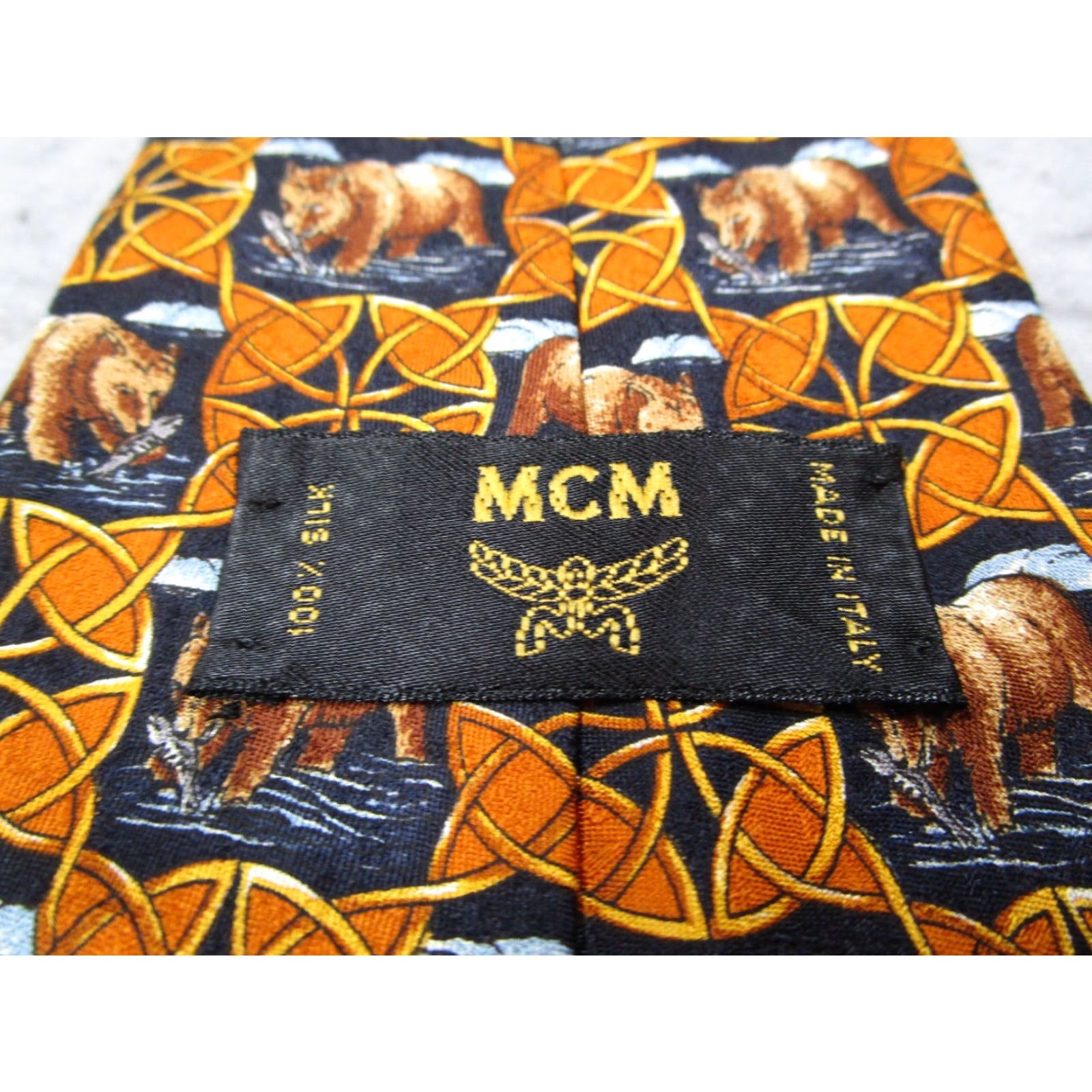 MCM MCM Neck Tie One Size Orange Silk Geometric Bear Designer Made in Italy Mens Size ONE SIZE - 3 Thumbnail